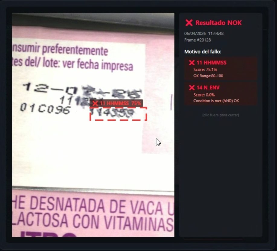 Detalle de un rechazo: la hora impresa sale borrosa, la herramienta HHMMSS puntúa 75 % frente a un mínimo de 80 y el envase se rechaza