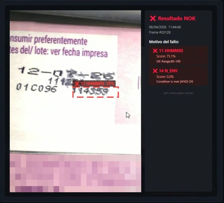 Detalle de un rechazo: la hora impresa sale borrosa, la herramienta HHMMSS puntúa 75 % frente a un mínimo de 80 y el envase se rechaza