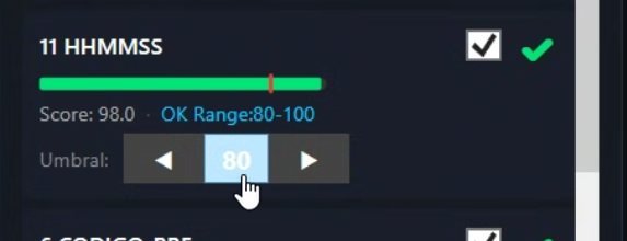 Herramienta HHMMSS con puntuación 98,0, rango aceptado 80-100 y botones para ajustar el umbral