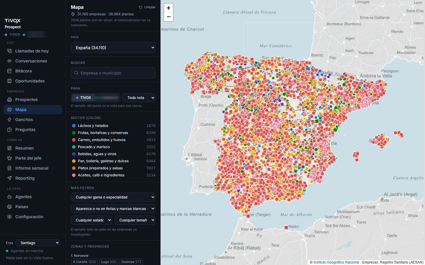 TIVOX Prospect: mappa della Spagna con decine di migliaia di stabilimenti alimentari colorati per settore