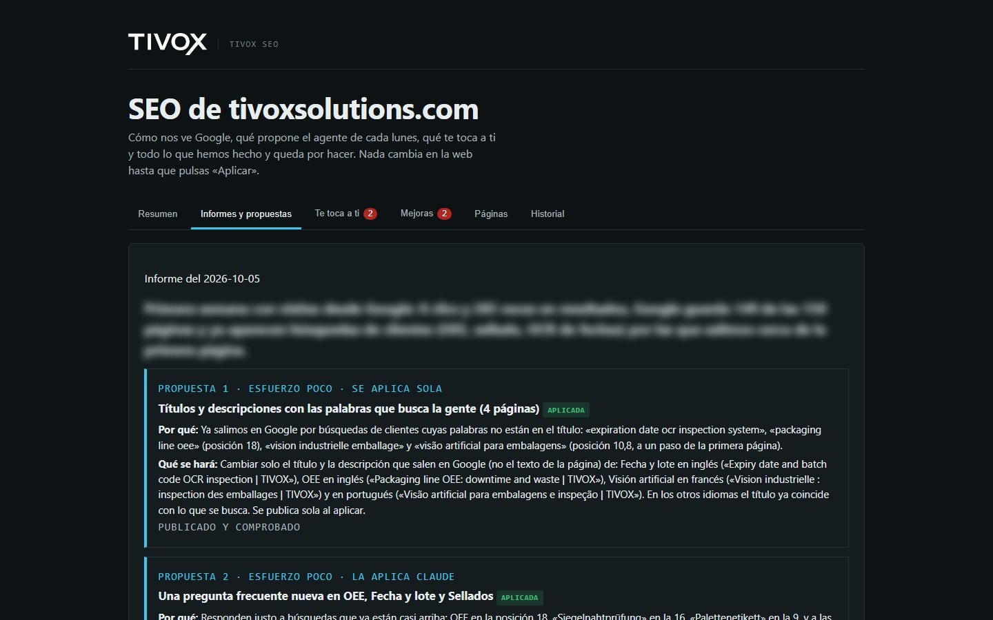 TIVOX SEO: report settimanale dell'agente con proposte per migliorare il sito, ciascuna con il suo perché e il suo pulsante per applicarla