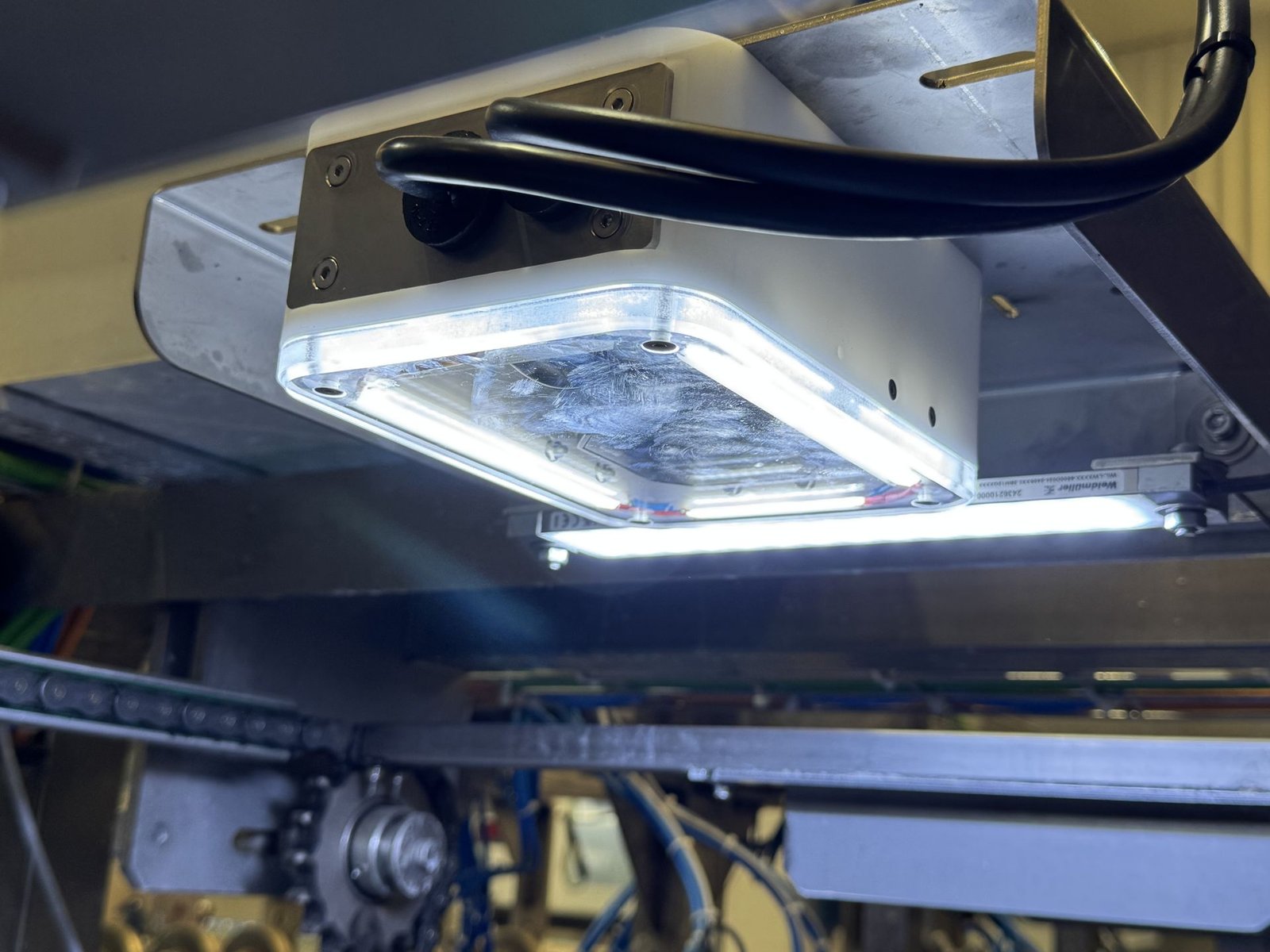 Cámara de visión TIVOX con aro de luz instalada sobre una línea de envasado
