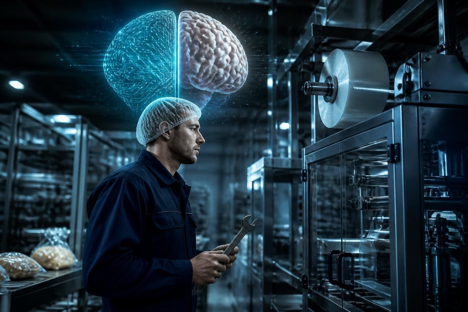 Técnico de mantenimiento con una llave inglesa junto a una máquina de envasado, con un cerebro mitad circuito electrónico y mitad humano